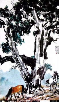 Xu Beihong Chevals sous un arbre chinois traditionnel Peinture à l'huile